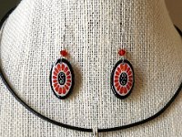 Scarlet Oval Earrings and Matching Necklace Pysanky Jewelry by So Jeo